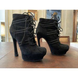 YVES SAINT LAURENT BLACK SUEDE LEATHER HIGH HEEL LACE UP BOOTS SHOES SIZE 39.5